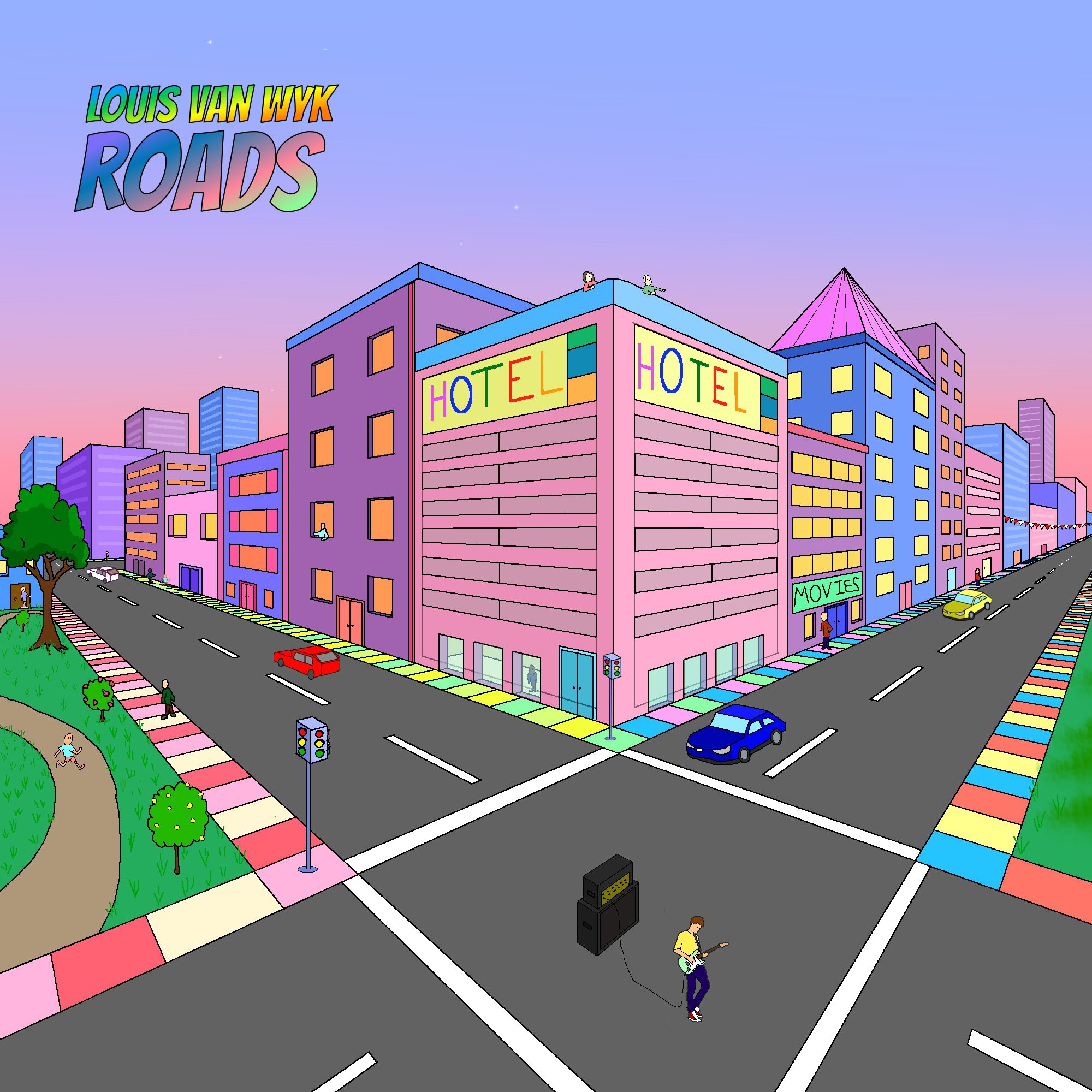 Roads — debut album artwork by Louis van Wyk, illustrated cityscape with a guitarist performing at an intersection